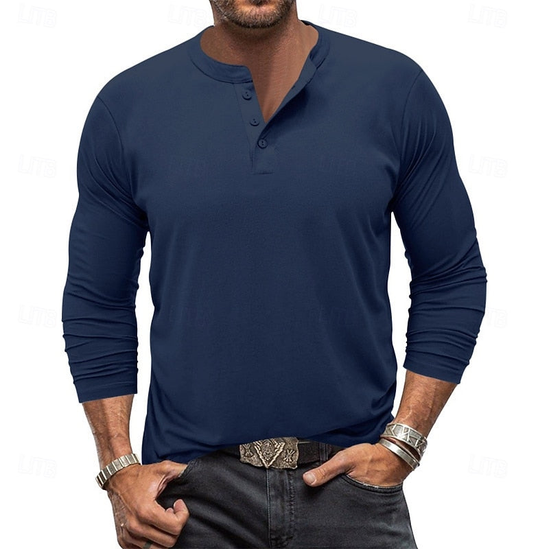 Men's Henley Shirt | Casual Long Sleeve Button-Up - Navy Blue