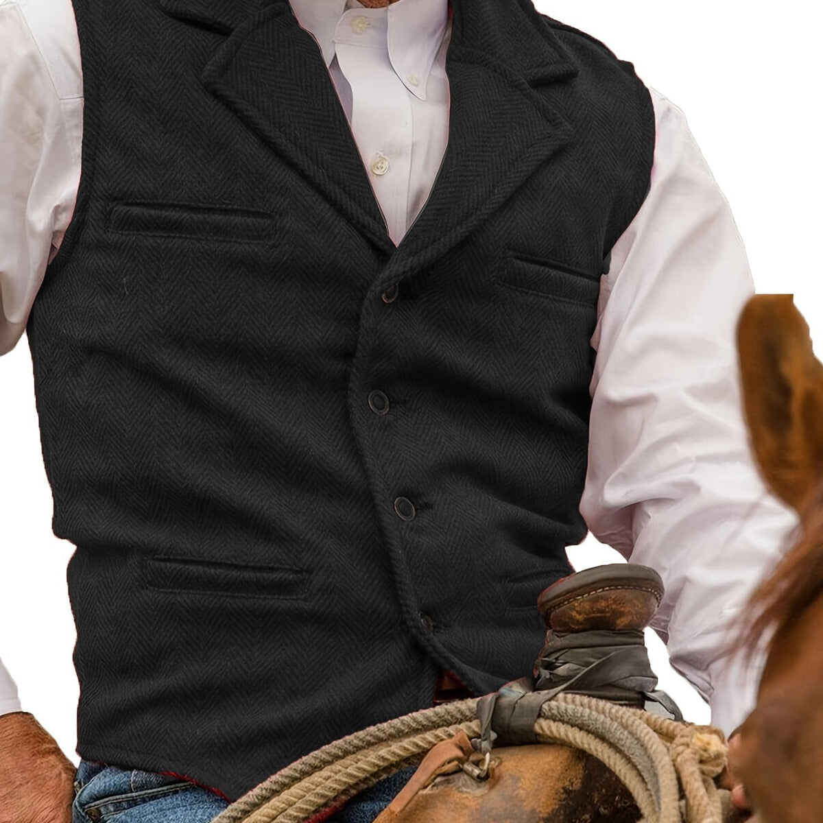 Men's Herringbone Vest with Pockets | Formal Wedding - Black