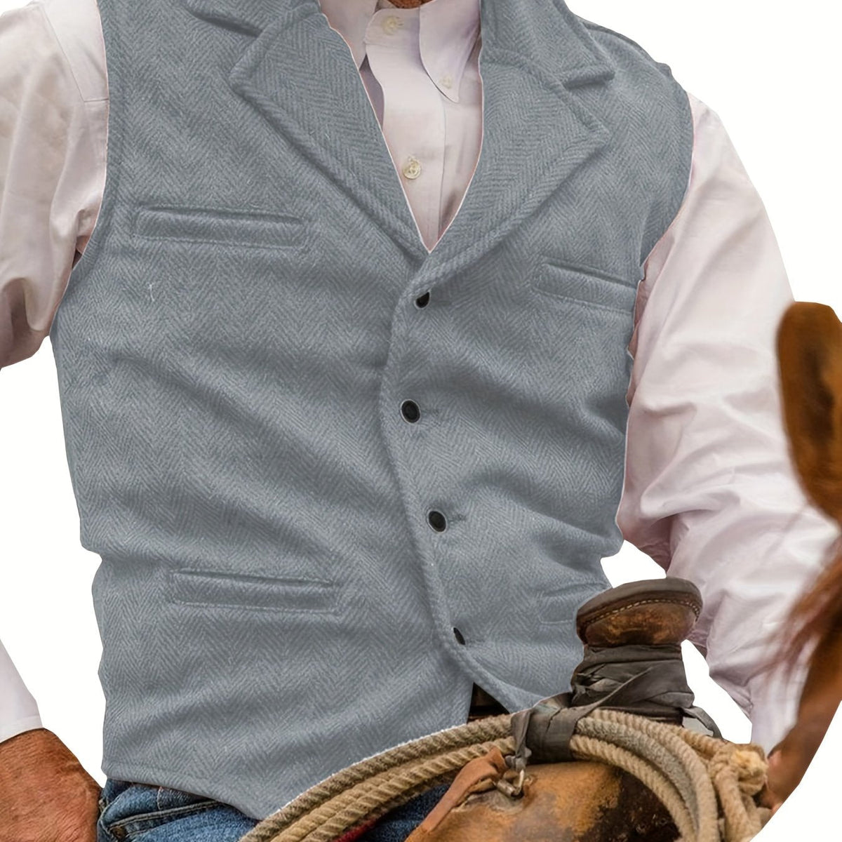 Men's Herringbone Vest with Pockets | Formal Wedding - Silvery Grey
