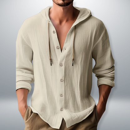 Men's Hooded Button-Up Shirt | Long Sleeve Casual Shirt - Apricot