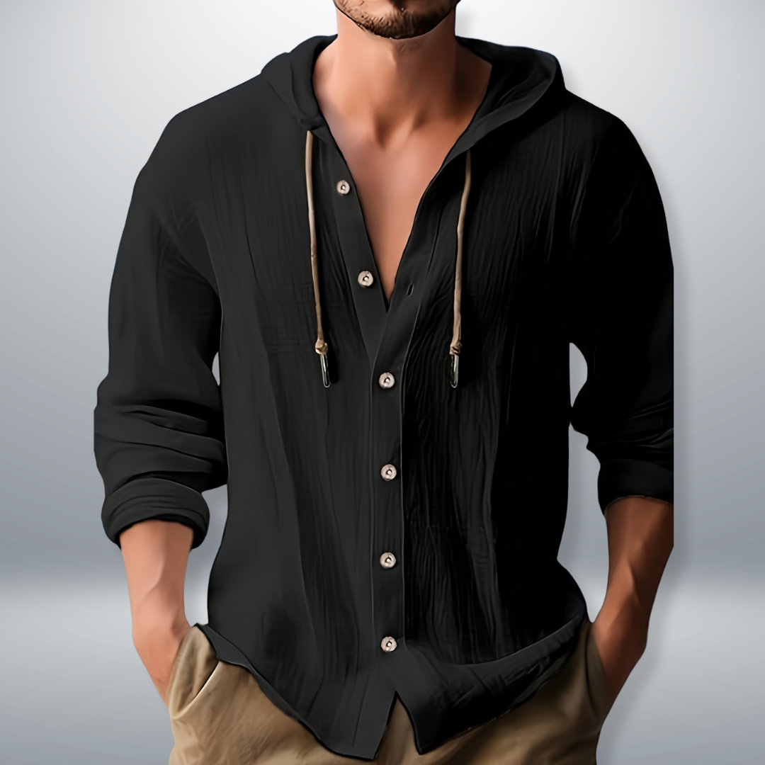 Men's Hooded Button-Up Shirt | Long Sleeve Casual Shirt - Black