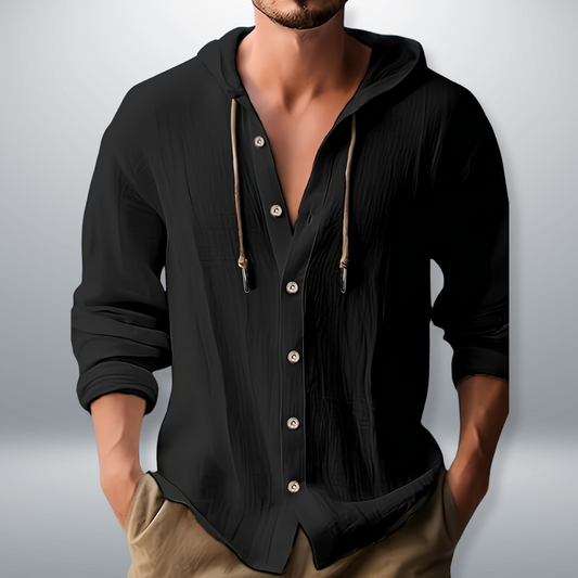 Men's Hooded Button-Up Shirt | Long Sleeve Casual Shirt - Black