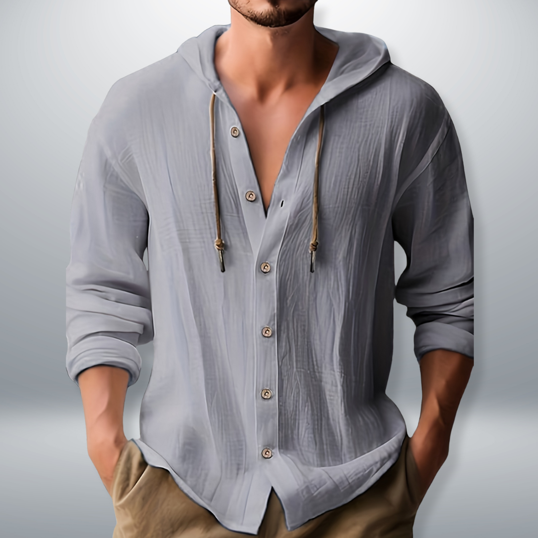 Men's Hooded Button-Up Shirt | Long Sleeve Casual Shirt - Dark Gray