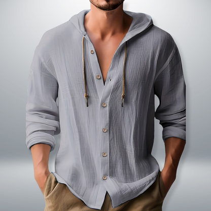 Men's Hooded Button-Up Shirt | Long Sleeve Casual Shirt - Dark Gray