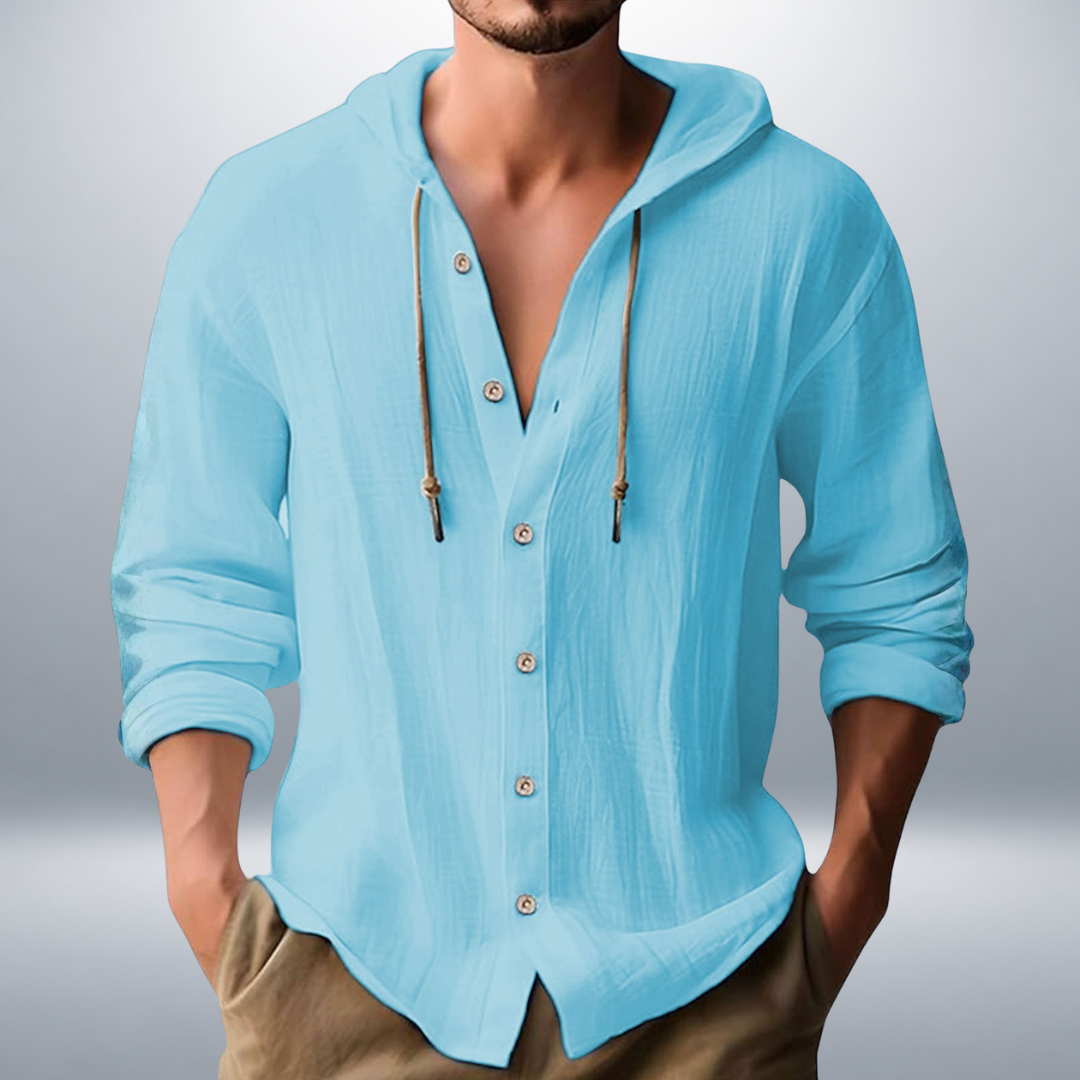 Men's Hooded Button-Up Shirt | Long Sleeve Casual Shirt - Sky Blue
