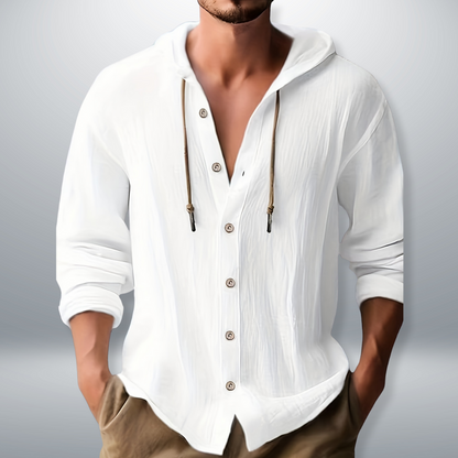 Men's Hooded Button-Up Shirt | Long Sleeve Casual Shirt - White