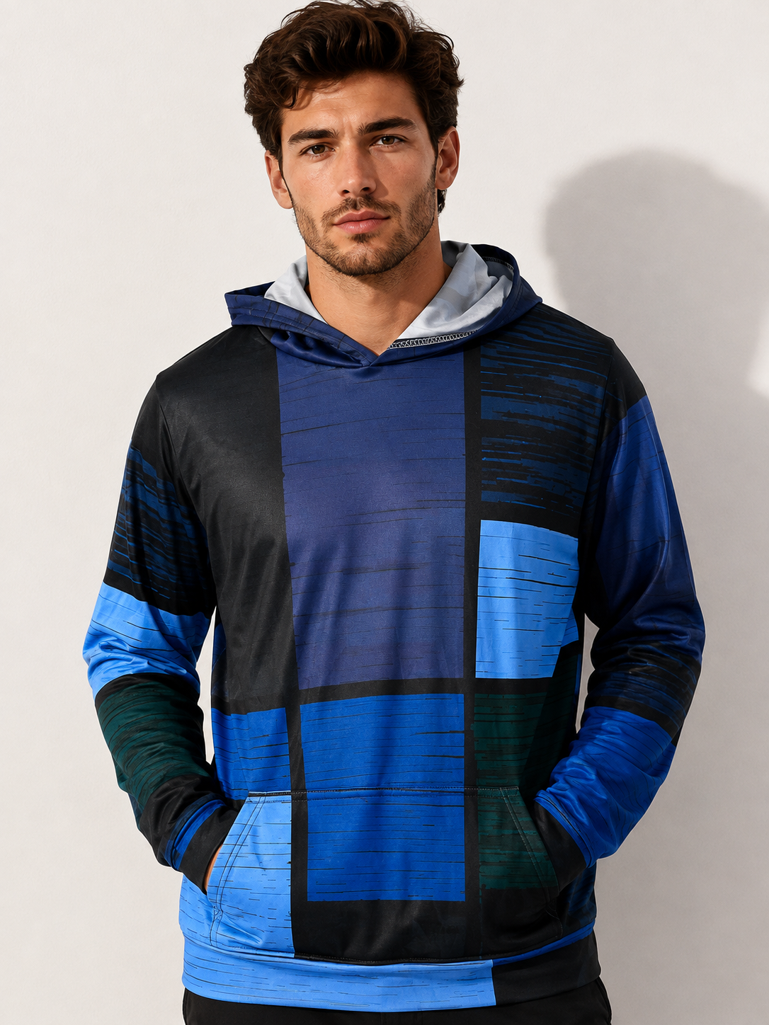 Men's Hoodie with 3D Checkered Print | Casual Sweatshirt - Blue
