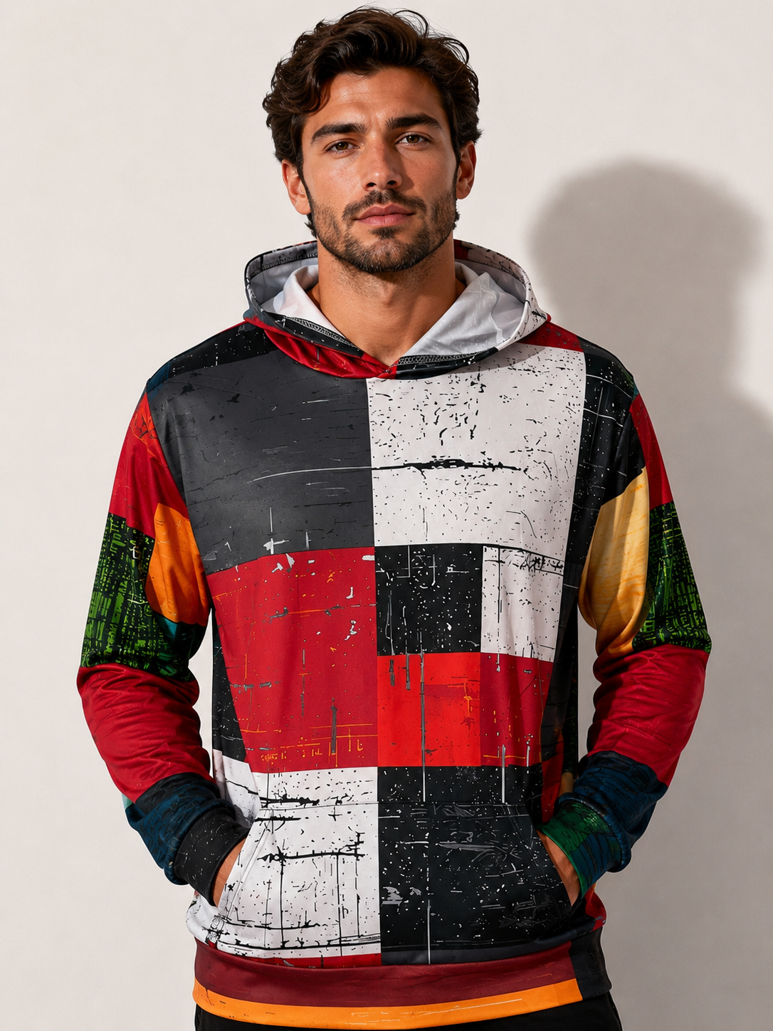 Men's Hoodie with 3D Checkered Print | Casual Sweatshirt - Gray
