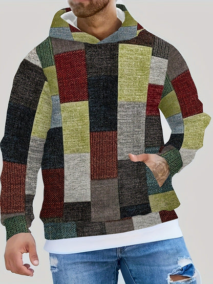 Men's Hoodie with 3D Checkered Print | Casual Sweatshirt - Green