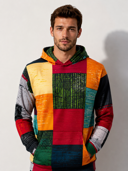 Men's Hoodie with 3D Checkered Print | Casual Sweatshirt - Orange