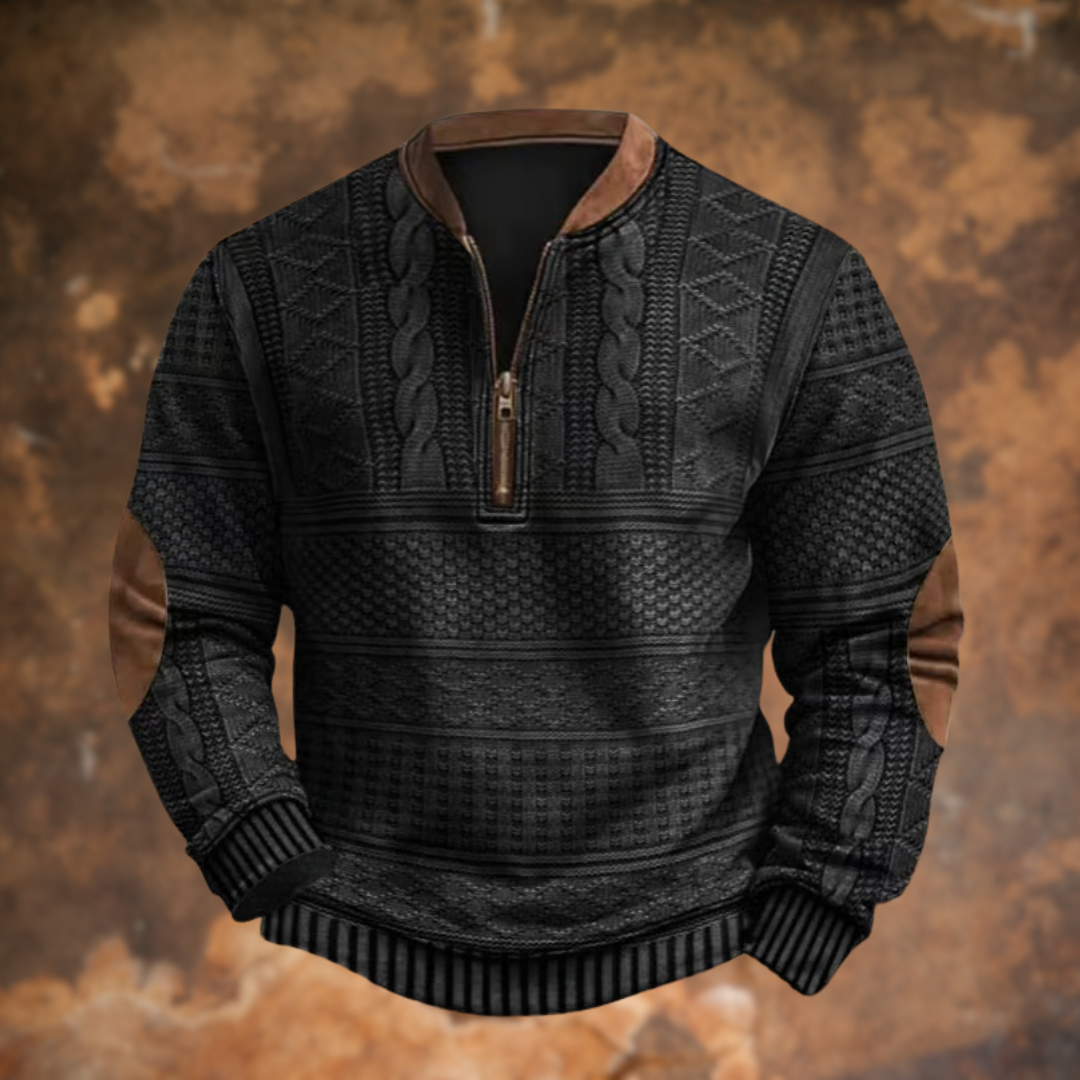 Men's Knit Sweater with Quarter Zip | Cotton Blend Pullover - Black