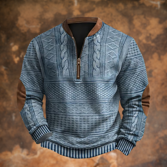 Men's Knit Sweater with Quarter Zip | Cotton Blend Pullover - Blue