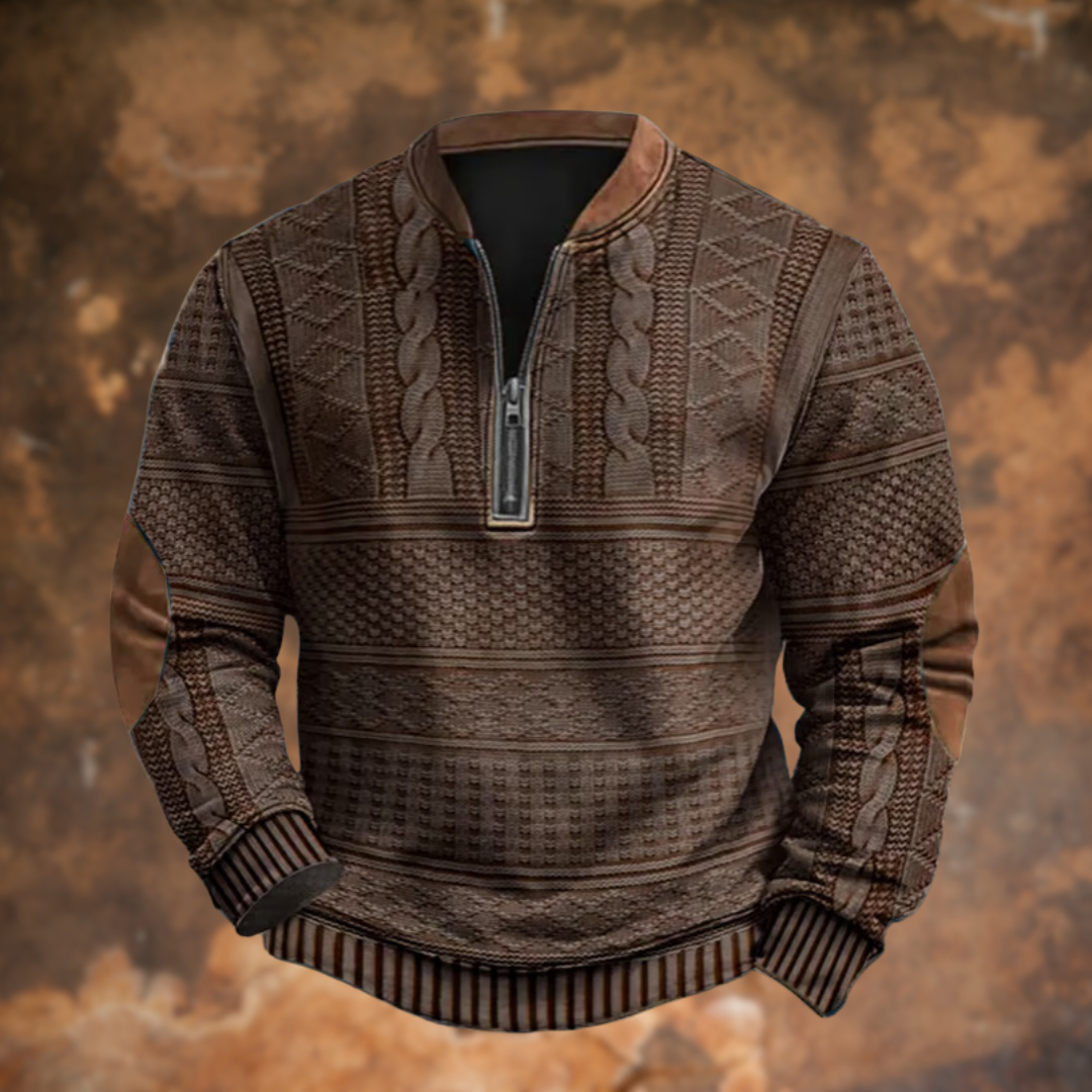 Men's Knit Sweater with Quarter Zip | Cotton Blend Pullover - Brown