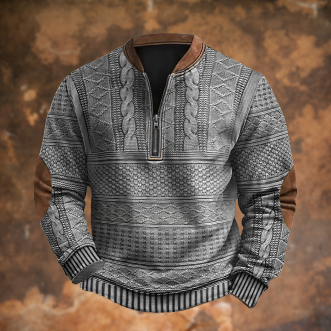 Men's Knit Sweater with Quarter Zip | Cotton Blend Pullover - Grey