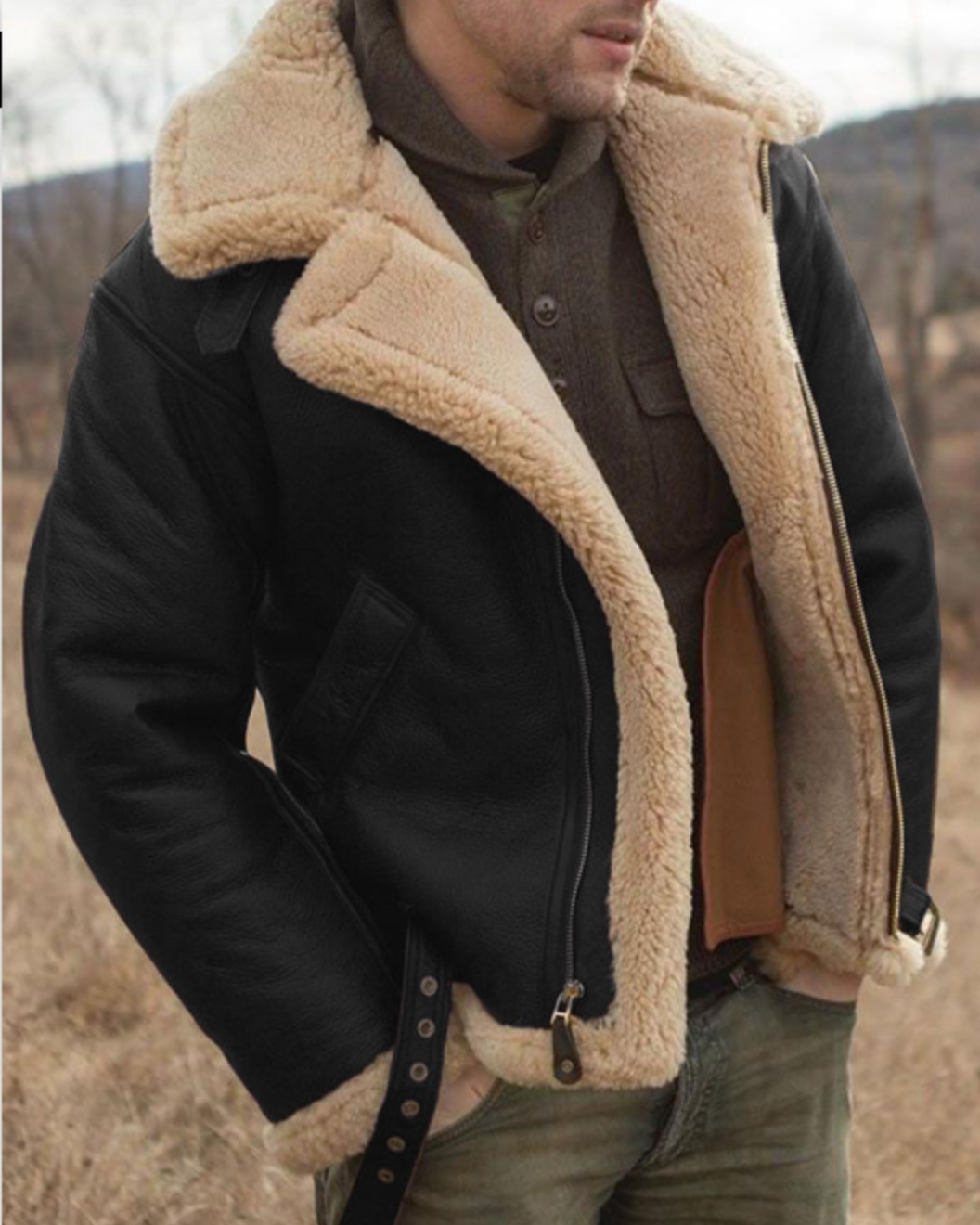 Men's Leather Pilot Jacket | Sherpa Lined Aviator Coat - Black