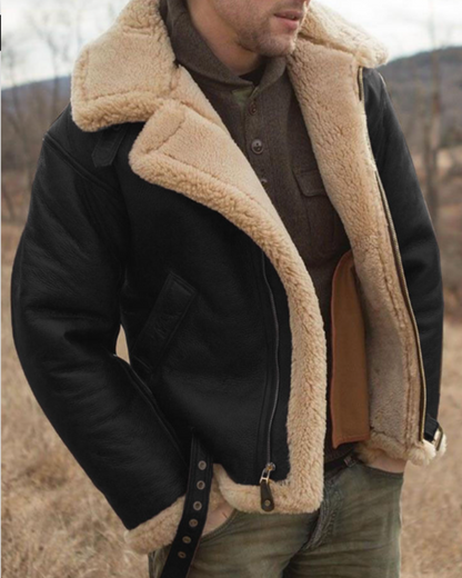 Men's Leather Pilot Jacket | Sherpa Lined Aviator Coat - Black