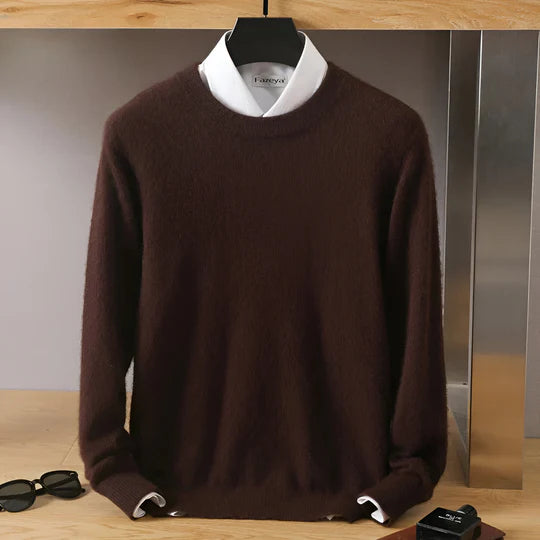 Men's Lightweight Crew Neck Sweater | Fine Knit Pullover - Brown