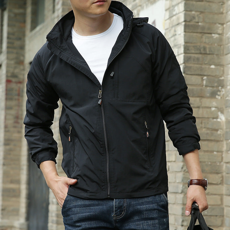 Men's Lightweight Jacket with Stand Collar | Zip Pocket Windbreaker - Black