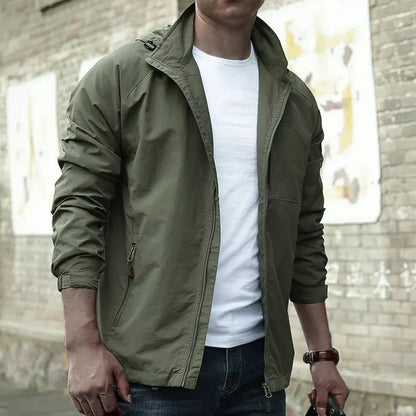 Men's Lightweight Jacket with Stand Collar | Zip Pocket Windbreaker - Green