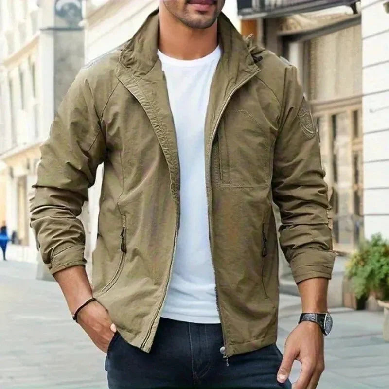 Men's Lightweight Jacket with Stand Collar | Zip Pocket Windbreaker - Khaki