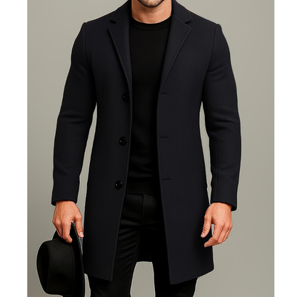 Men's Long Button Coat | Windproof Dress Coat - Black