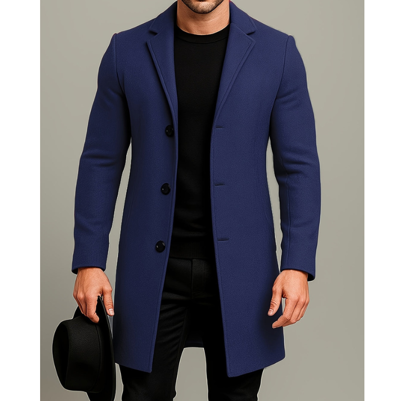 Men's Long Button Coat | Windproof Dress Coat - Blue