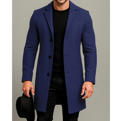 Men's Long Button Coat | Windproof Dress Coat - Blue