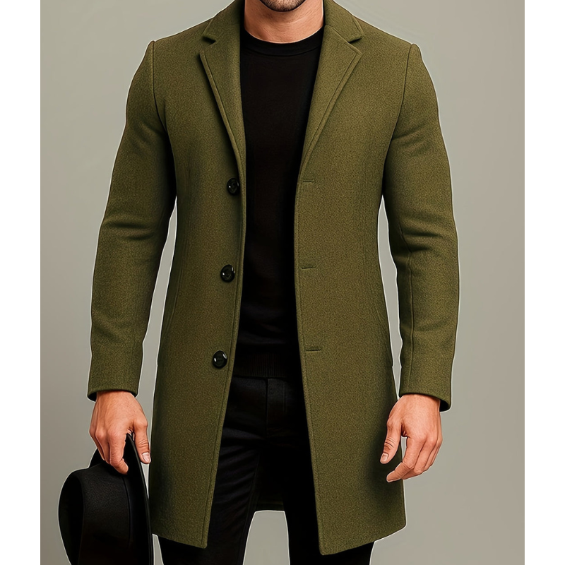 Men's Long Button Coat | Windproof Dress Coat - Green