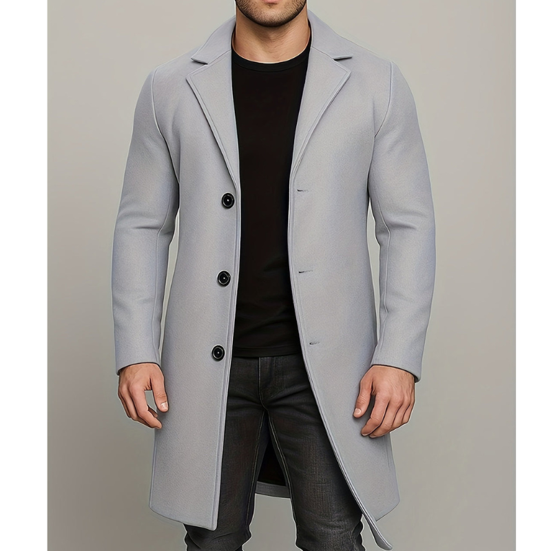 Men's Long Button Coat | Windproof Dress Coat - Light Gray