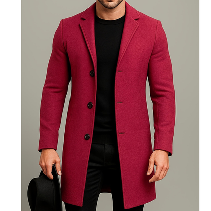 Men's Long Button Coat | Windproof Dress Coat - Red