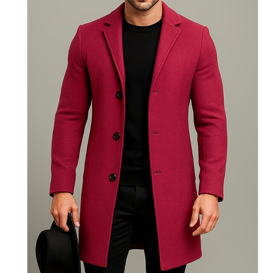 Men's Long Button Coat | Windproof Dress Coat - Red