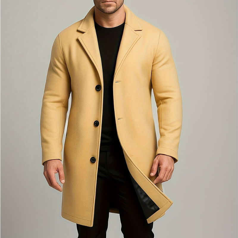 Men's Long Button Coat | Windproof Dress Coat - Yellow