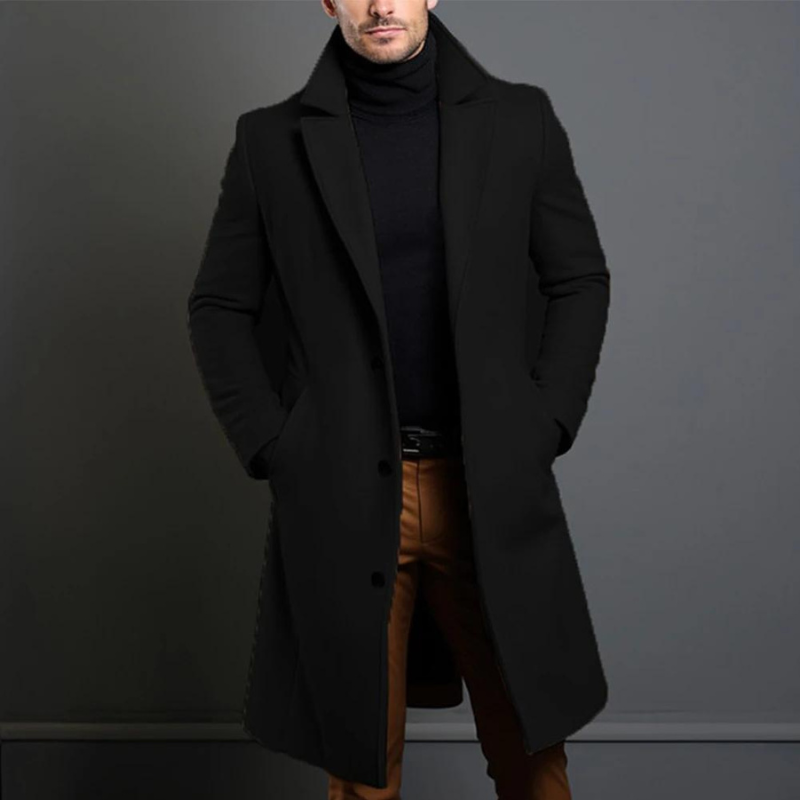 Men's Long Three-Button Overcoat | Slim Fit Wide Lapel Coat - Black