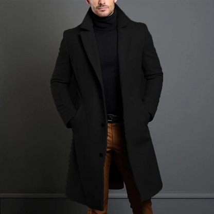 Men's Long Three-Button Overcoat | Slim Fit Wide Lapel Coat - Black
