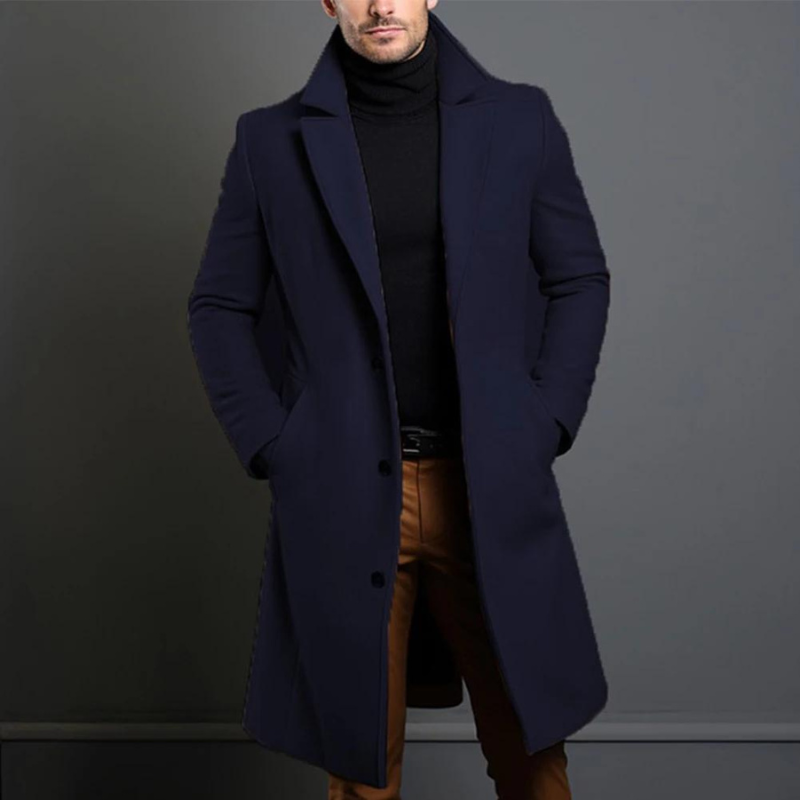 Men's Long Three-Button Overcoat | Slim Fit Wide Lapel Coat - Blue