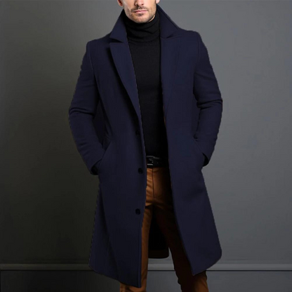 Men's Long Three-Button Overcoat | Slim Fit Wide Lapel Coat - Blue