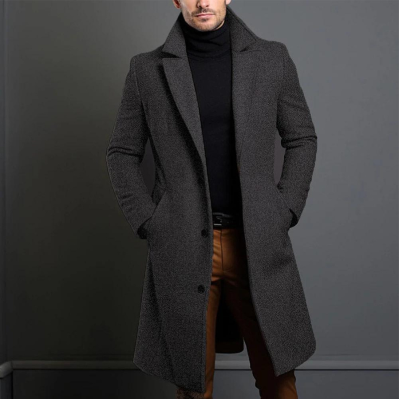 Men's Long Three-Button Overcoat | Slim Fit Wide Lapel Coat - Gray