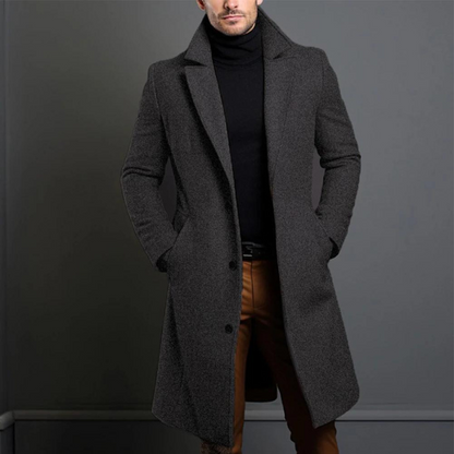Men's Long Three-Button Overcoat | Slim Fit Wide Lapel Coat - Gray