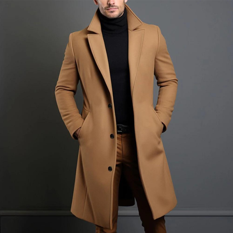 Men's Long Three-Button Overcoat | Slim Fit Wide Lapel Coat - Khaki