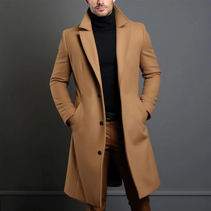 Men's Long Three-Button Overcoat | Slim Fit Wide Lapel Coat - Khaki