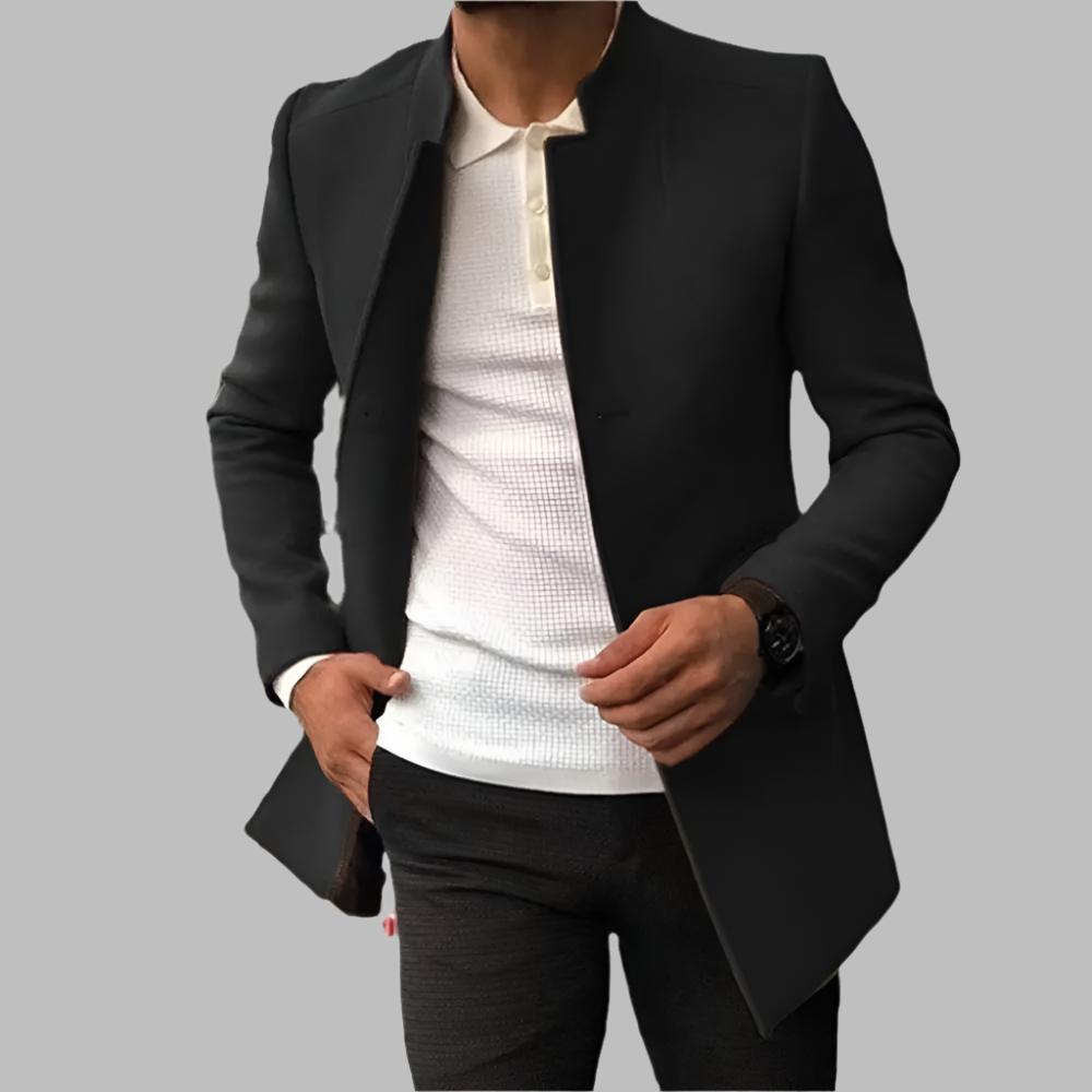 Men's Notched Lapel Overcoat | Slim Fit Blazer Coat - Black