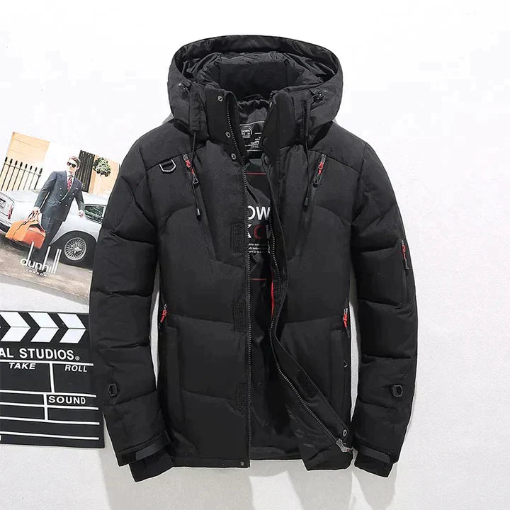 Men's Parka | Quilted Hooded Jacket with Full Zip - Black