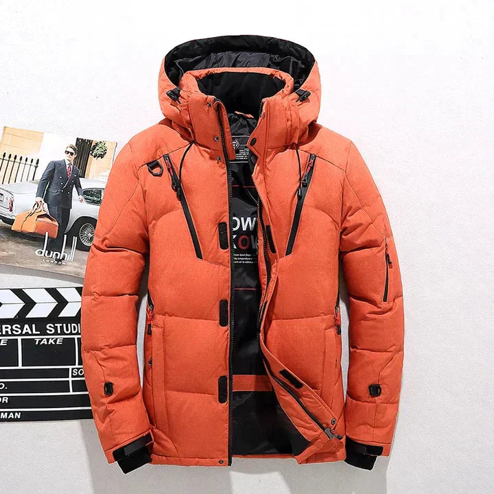Men's Parka | Quilted Hooded Jacket with Full Zip - Orange