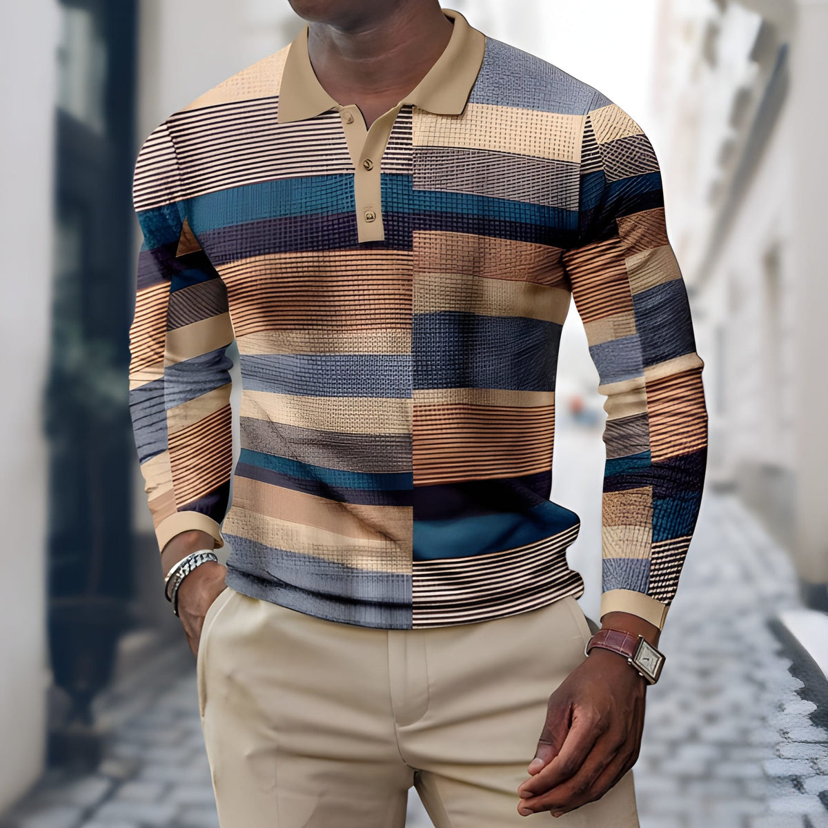 Men's Polo Shirt Long Sleeve Patchwork | Casual Shirts - Brown