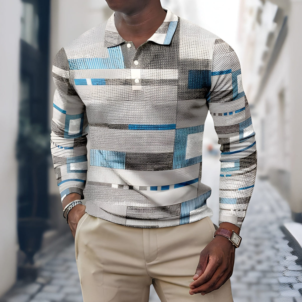 Men's Polo Shirt Long Sleeve Patchwork | Casual Shirts - Gray