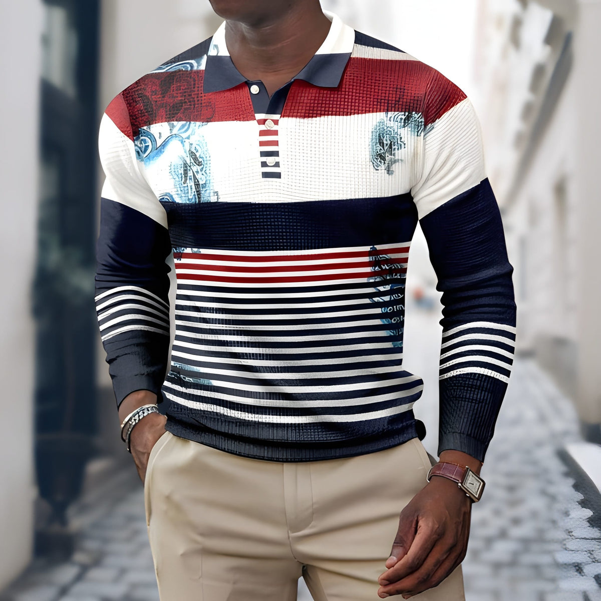 Men's Polo Shirt Long Sleeve Patchwork | Casual Shirts - White-Blue