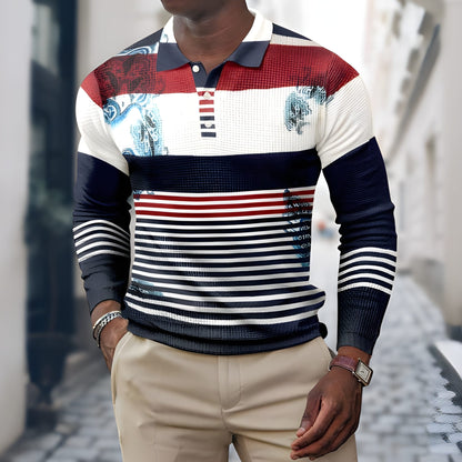 Men's Polo Shirt Long Sleeve Patchwork | Casual Shirts - White-Blue
