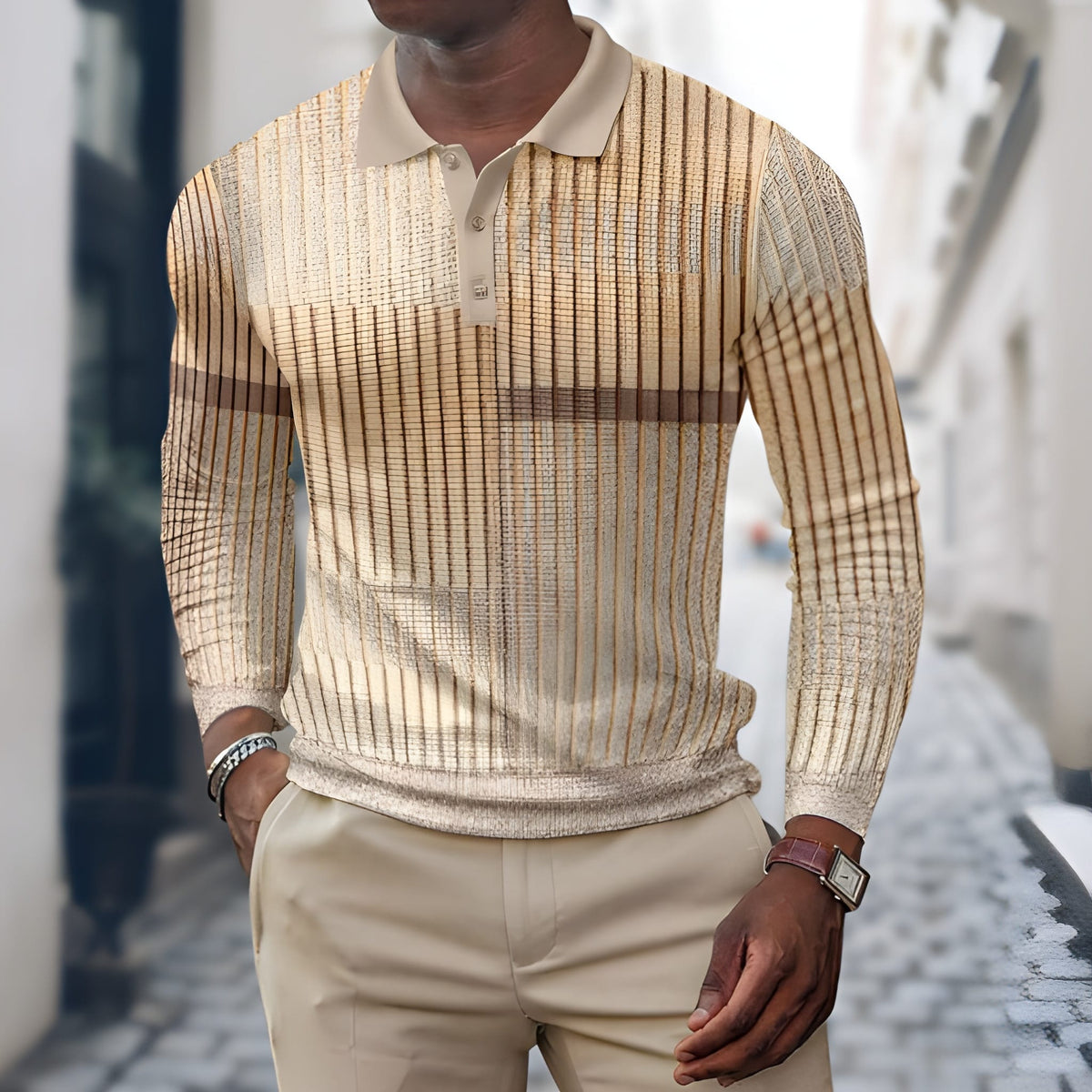 Men's Polo Shirt Long Sleeve Patchwork | Casual Shirts - Yellow