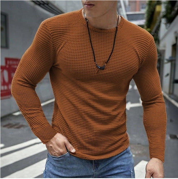 Men's Slim Fit Long Sleeve Shirt | Structured Knit Top - Brown