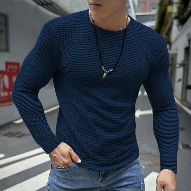 Men's Slim Fit Long Sleeve Shirt | Structured Knit Top - Navy Blue